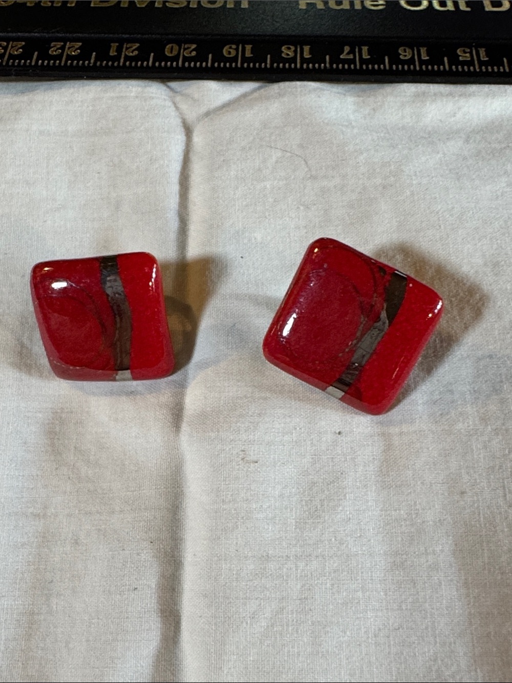 Red, Gold, w/Black Accents Glass Square w/ Gold Stripe Vintage Clip On Earrings